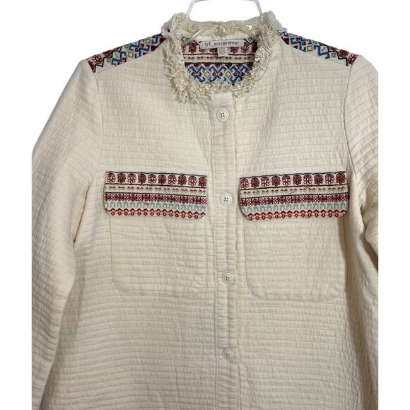 ZARA TRF_OUTERWEAR Faux Quilted Ivory Jacket Medium Ethnic Sherpa Embroidery EUC - Picture 3 of 16